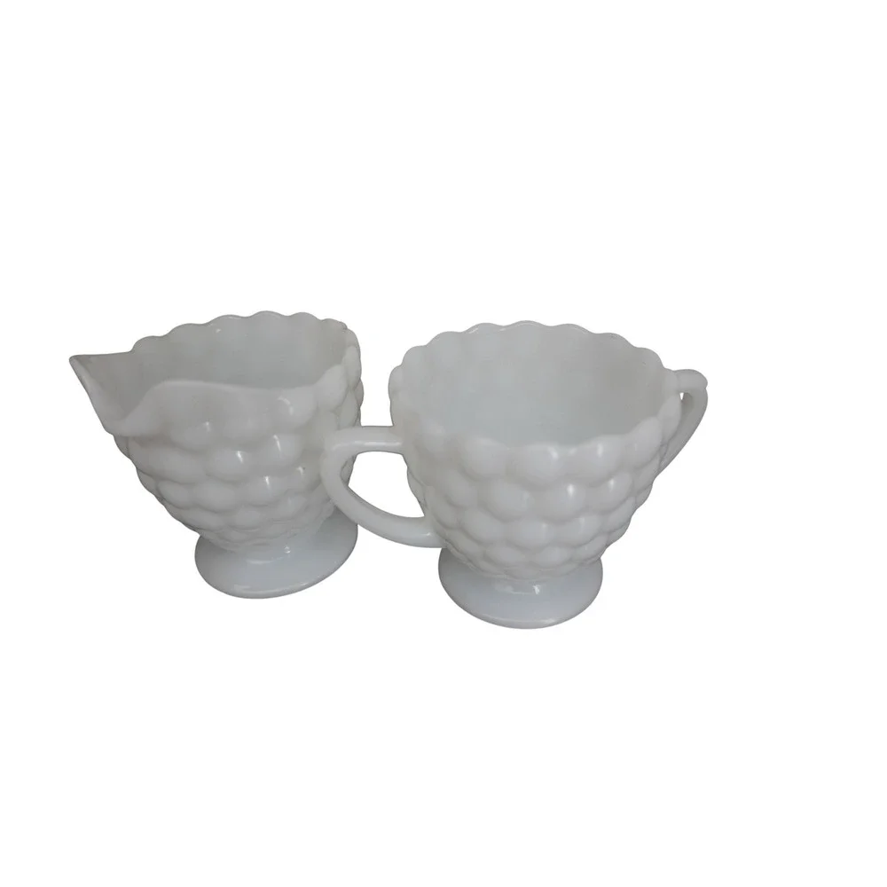 Vintage bubble white‎ milk glass creamer and sugar set